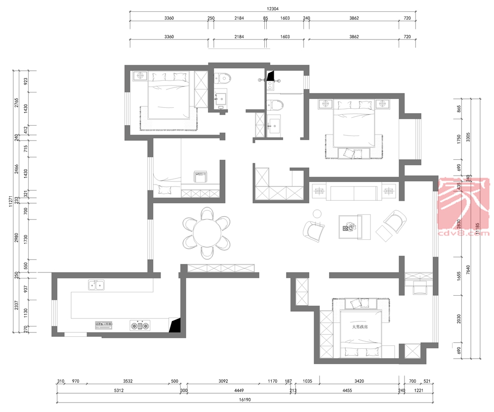 美式三居室164.7平方米家装案例-成都装修网-家装保姆-罗小红成都家装设计