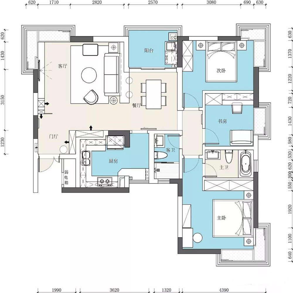 现代装修风格三居室115平方米家装案例-成都装修网-家装保姆-罗小红成都家装设计